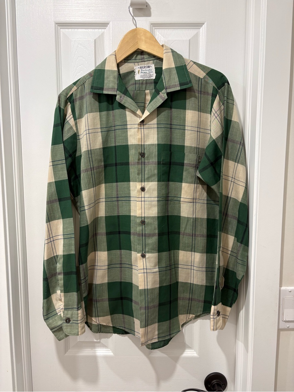 Vintage 1970s Plaid Shirt Arrow Tericota Made Canada Sanforized Button Up Medium
